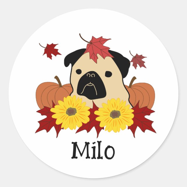 Herbst-Mops mit Blätter, Pumpkins und Sonnenblumen Runder Aufkleber (Vorderseite)