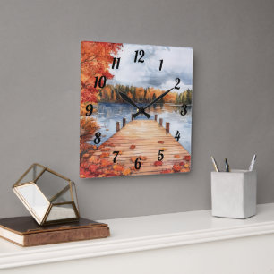 Herbst Natur See Bäume Landschaft Malerei Quadratische Wanduhr