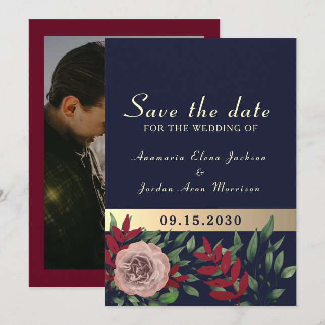 Herbst Navy Burgundy Floral Wedding Save The Date (Vorne/Hinten)