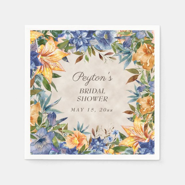 Herbst Orange Blue Floral Brautparty Serviette (Vorderseite)