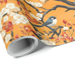 Herbst Orange Blumen Vögel Chinoiserie Geschenkpapier