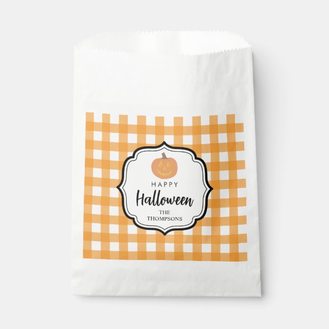 Herbst Orange Kariert Halloween Pumpkin Geschenktütchen (Vorderseite)