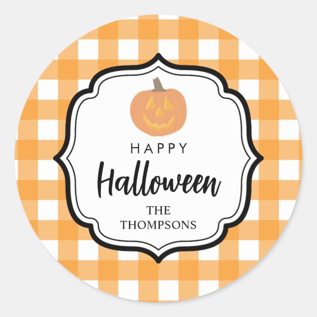 Herbst Orange Kariert Halloween Pumpkin Runder Aufkleber (Vorderseite)