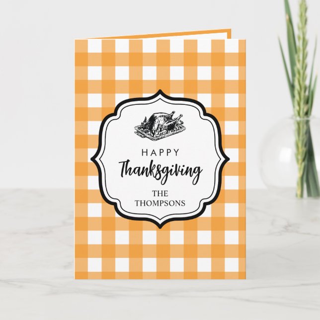 Herbst Orange Karierter Erntedank Türkei Dankeskarte (Vorderseite)