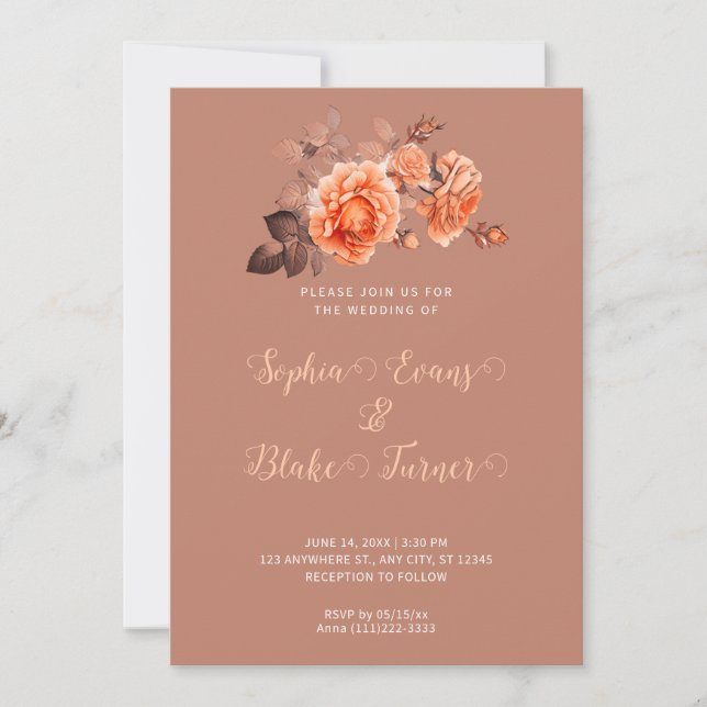 Herbst Orange Rose Bouquet Brown Hochzeit Einladung (Vorderseite)