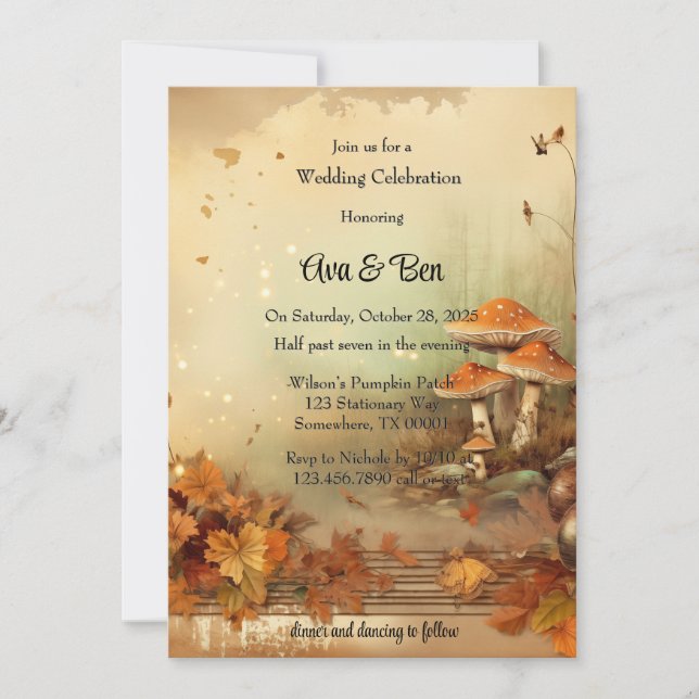 Herbst Orange Tree Mushroom Wedding Celebration Einladung (Vorderseite)
