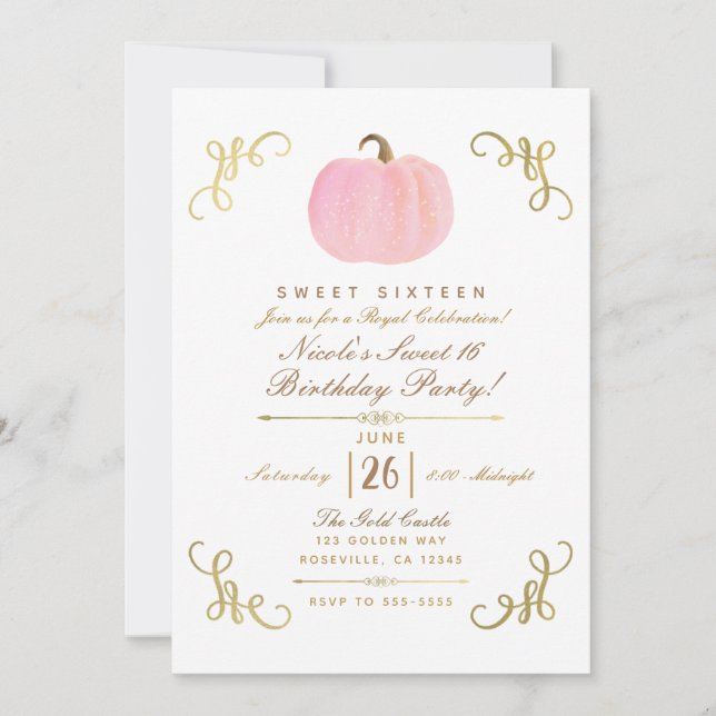 Herbst Pink Sparkle Pumpkin Sweet 16 Party Einladung (Vorderseite)