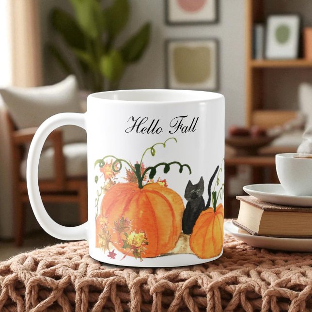 Herbst Pumpkin Black Cat Watercolor Autumn Leaves Kaffeetasse (Von Creator hochgeladen)