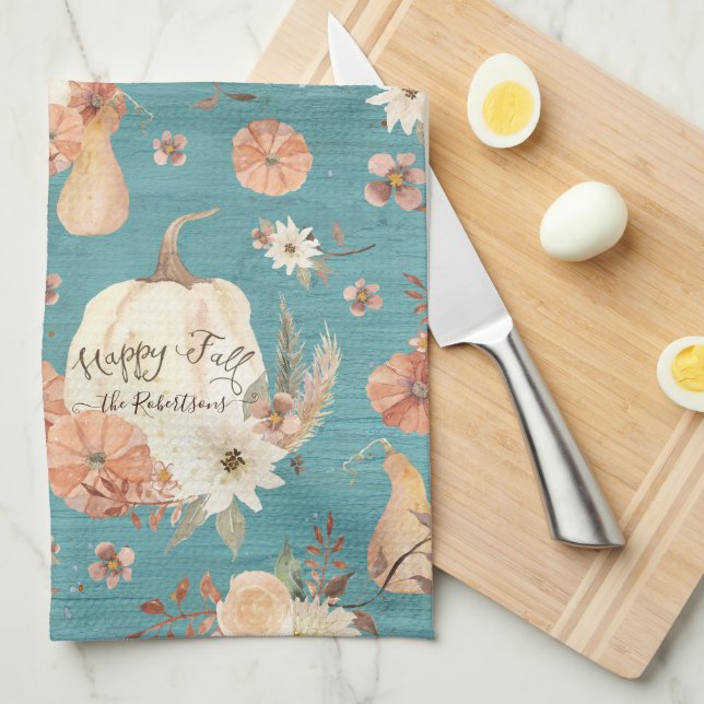 Herbst Pumpkin Bläschen Herbst Blätter Aquamariner Geschirrtuch (Viertel Falte)
