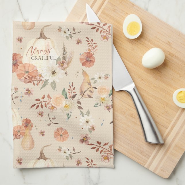 Herbst Pumpkin Blätter BOHO Floral Dankbar Geschirrtuch (Viertel Falte)