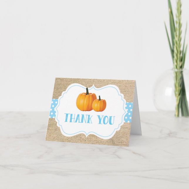 Herbst Pumpkin Blue Burlap Danke Karte (Vorderseite)