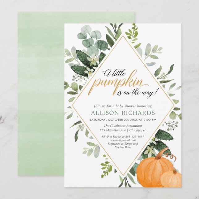 Herbst Pumpkin Eukalyptus Genneutrale Babydusche Einladung (Vorne/Hinten)