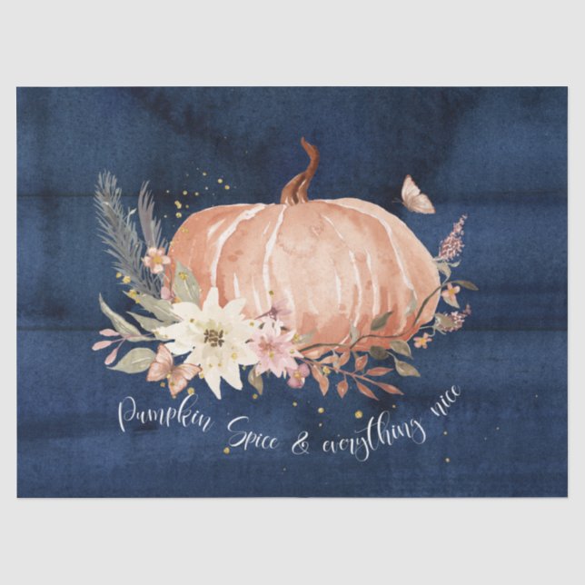 Herbst Pumpkin Fall Leaf Navy Blue Wood Decoupage Seidenpapier (Vorderseite)
