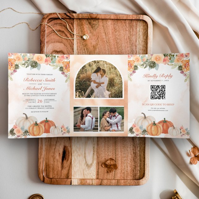Herbst Pumpkin Floral Foto QR Code Hochzeit Dreifach Gefaltete Einladung (Von Creator hochgeladen)