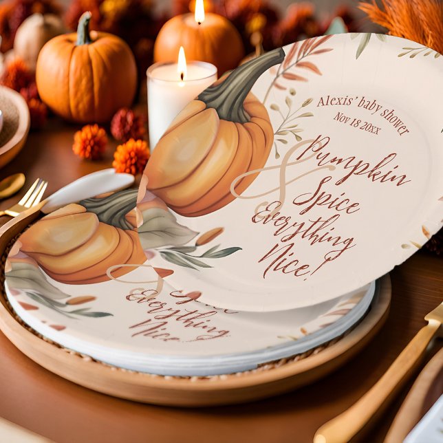 Herbst Pumpkin Gewürz Babydusche Autumn Wassercolo Pappteller (Pumpkin spice Fall baby shower party plates)