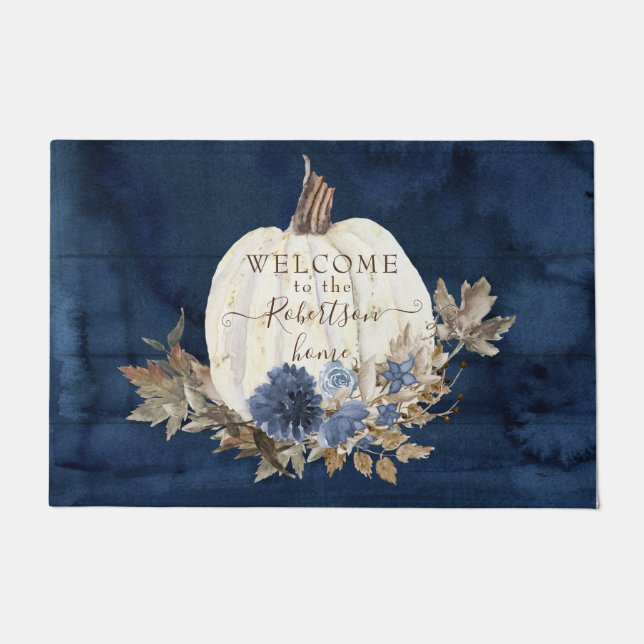 Herbst Pumpkin Navy Willkommen Mat Familienname Fußmatte (Vorderseite)