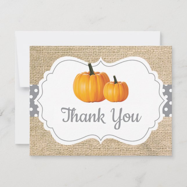 Herbst Pumpkin Orange Grau und Weiße Burlap Dankeskarte (Vorderseite)