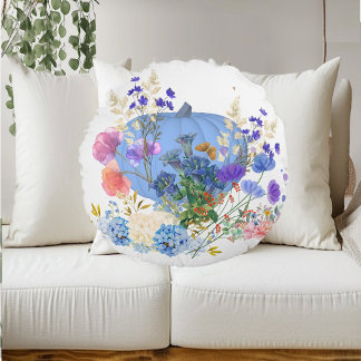 Herbst Pumpkin Pastel Blau Botanische Flora Rundes Kissen