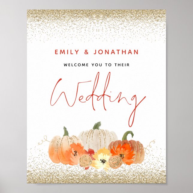Herbst Pumpkins Gold Glitzer Willkommen bei Hochze Poster (Vorne)