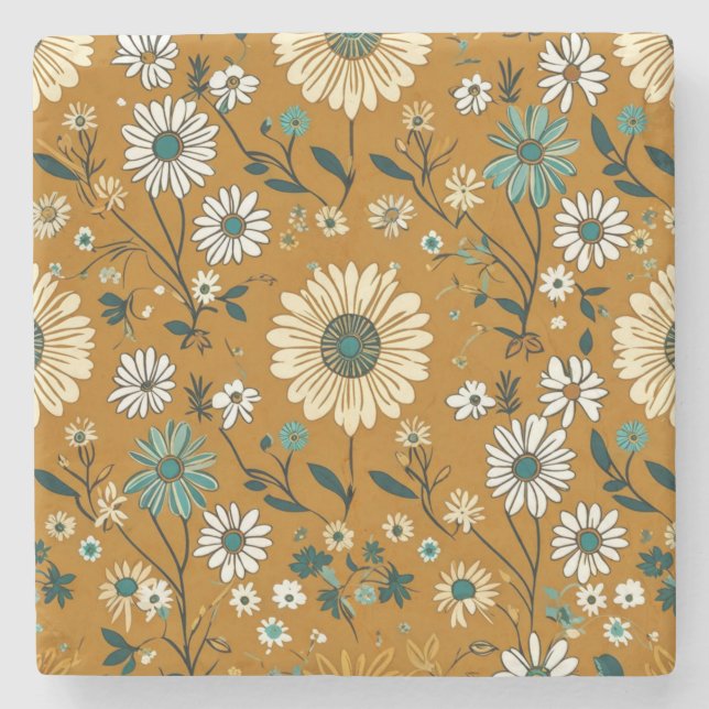 Herbst-Retro-Boho-Senf-Blumen-Muster Steinuntersetzer (Vorderseite)