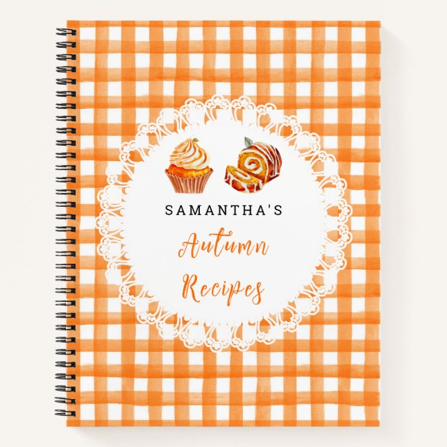 Herbst-Rezepte Orange Gingham Notizbuch (Vorderseite)
