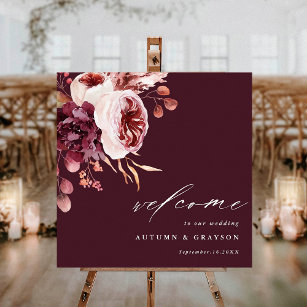 Herbst Romance Burgundy Floral Wedding Willkommen Poster