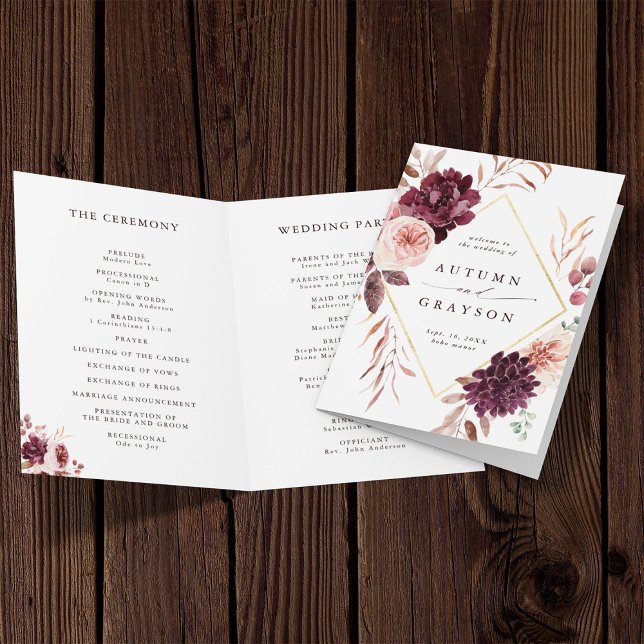 Herbst Romance Burgundy Hochzeit geklappt Programm (Front & Inside)