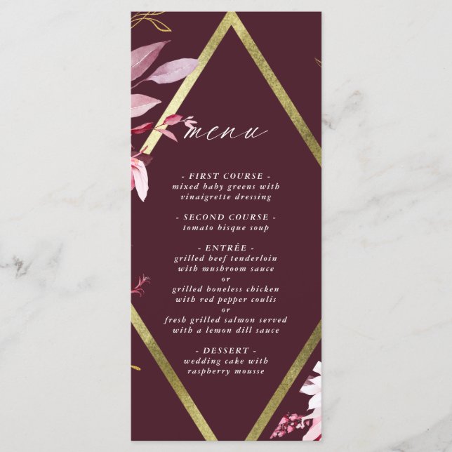Herbst Romance Gold Frame Burgundy Wedding Menükarte (Vorderseite)