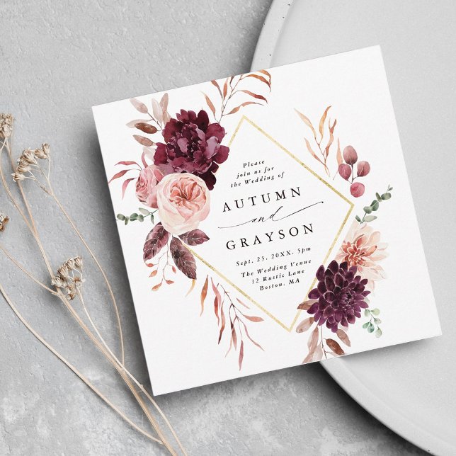 Herbst Romance Gold Frame Burgundy Wedding Square Einladung (Von Creator hochgeladen)