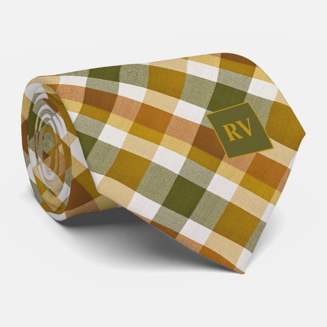 Herbst-Rost-Orange-Kariert-Fall-Monogramm Krawatte (Gerollt)