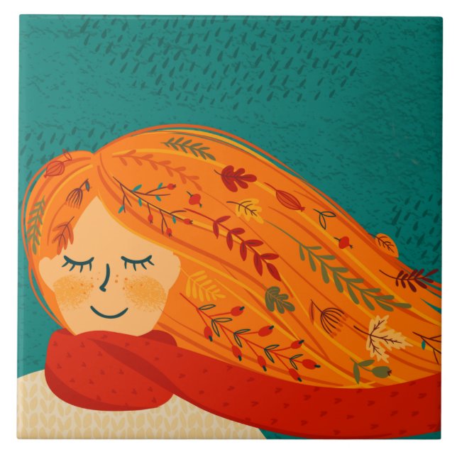 Herbst Rustikale Girl-Blätter und Regen Fliese (Vorderseite)