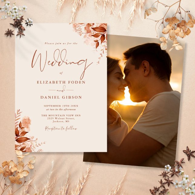 Herbst Rustikales Foto Terrakotta auf dem Monte Ta Einladung (Autumn Fall Rustic Floral Photo Terracotta Wedding Invitation)