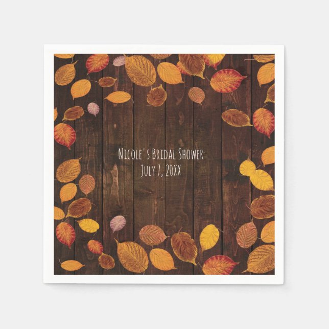 Herbst Rustikales Goldenes Blätter auf Holzhochzei Serviette (Vorderseite)