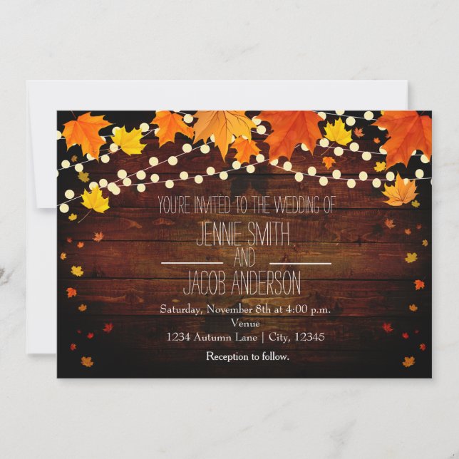 Herbst-Saitenleuchten Wood Hochzeit Einladung (Vorderseite)