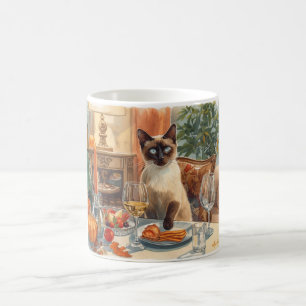 Herbst Siamese Katze am Tisch Kaffeetasse