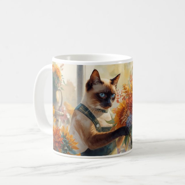 Herbst Siamesen Katze Blumengestalter Blume arrang Kaffeetasse (Vorderseite Links)