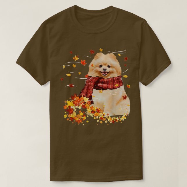 Herbst-SkarfPommerscher Hund Herbst Fallende Blätt T-Shirt (Design vorne)