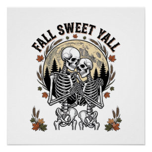 Herbst-Skelett-Paar Vintage-Stich Herbst-Shir Poster
