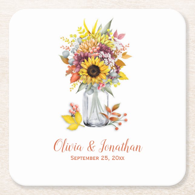 Herbst Sonnenblumen Blumenmason Jar Wedding Rechteckiger Pappuntersetzer (Vorderseite)