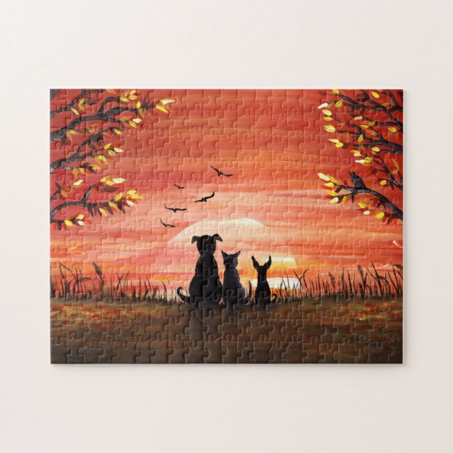 Herbst Sonnenuntergang Hund und Katze fallen (Horizontal)