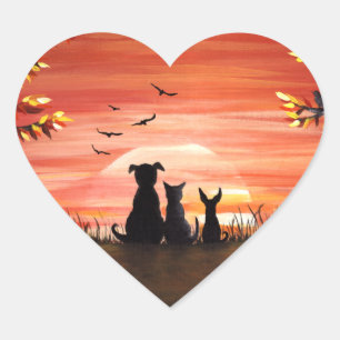 Herbst Sonnenuntergang Hund und Katze fallen Herz-Aufkleber