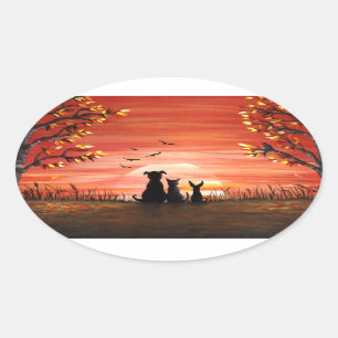 Herbst-Sonnenuntergang-Hunde und Katzen-Haustiere Ovaler Aufkleber