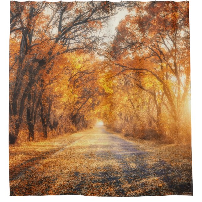 Herbst Sonnenuntergang: Waldstraßenlandschaft. Duschvorhang (Vorderseite)