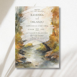 Herbst-Steinbrücke-Fluss-Blätter-Hochzeit Einladung