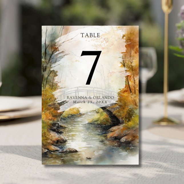 Herbst-Steinbrücke-Fluss-Blätter-Hochzeit Tischnummer (Von Creator hochgeladen)
