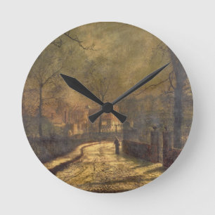Herbst-Szene, Leeds, 1874 (Öl an Bord) Runde Wanduhr