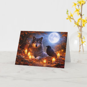 Herbst-Tagundnachtgleiche Wolf Eule Rabe Mond und  Karte