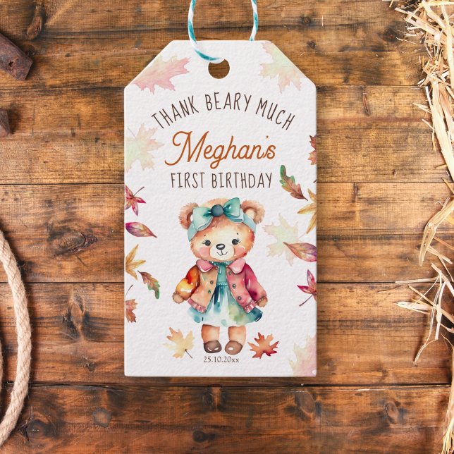 Herbst Teddy Bären Geburtstagsparty danke Geschenkanhänger (Cute teddy bear girl birthday party thank you favor gift tags fall themed with falling leaves)