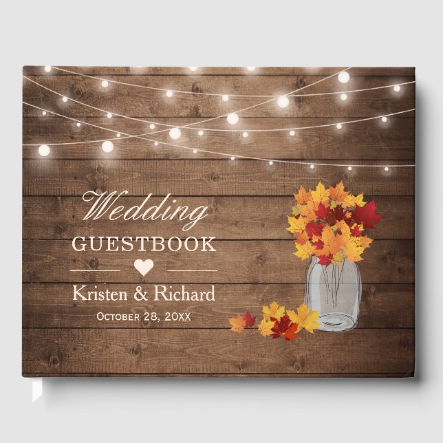 Herbst verlässt Mason Jar Rustic Wood Lights Hochz Gästebuch (Vorderseite)