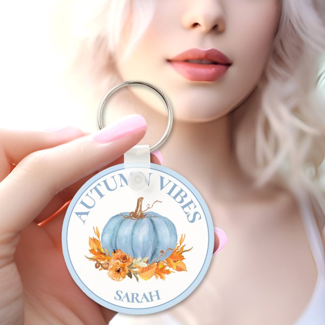 Herbst Vibes Blue Pumpkin Fall Individuelle Name Schlüsselanhänger (Autumn Vibes Blue Pumpkin Fall Custom Name Keychain)